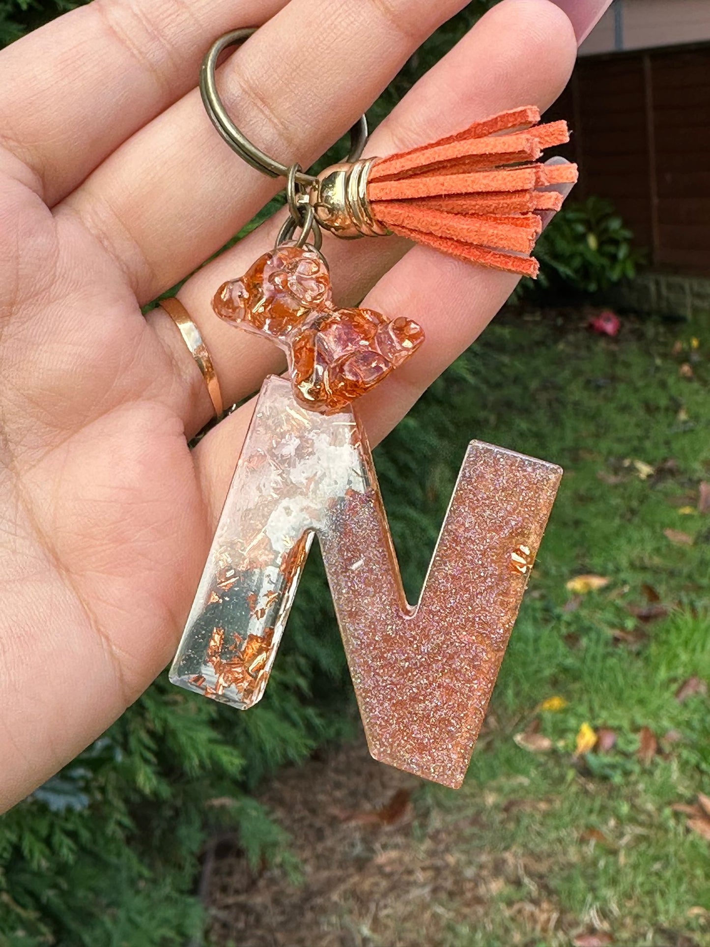 Custom Resin Alphabet Keyring with Mini Bear, Tassel, Flakes – Personalised Gift for Bags & Keys- Aesthetic Bag Charm- Letter keychain - ResinsGiftShopUK