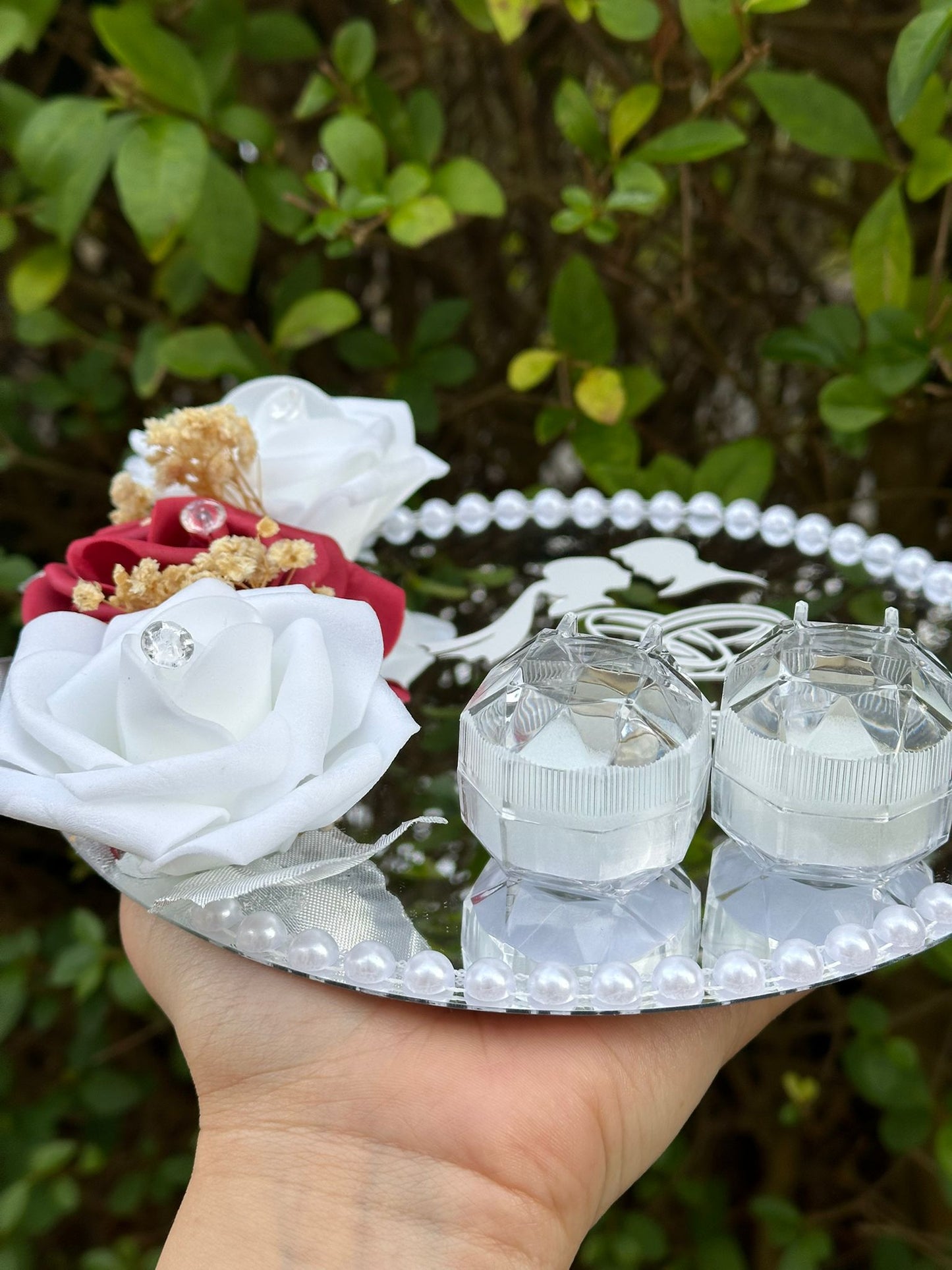 Personalised Mirror Ring Tray for Weddings & Engagements – Custom Vinyl Lettering - Floral Design- Custom Nikkah Tray with 2 ring Holders - ResinsGiftShopUK