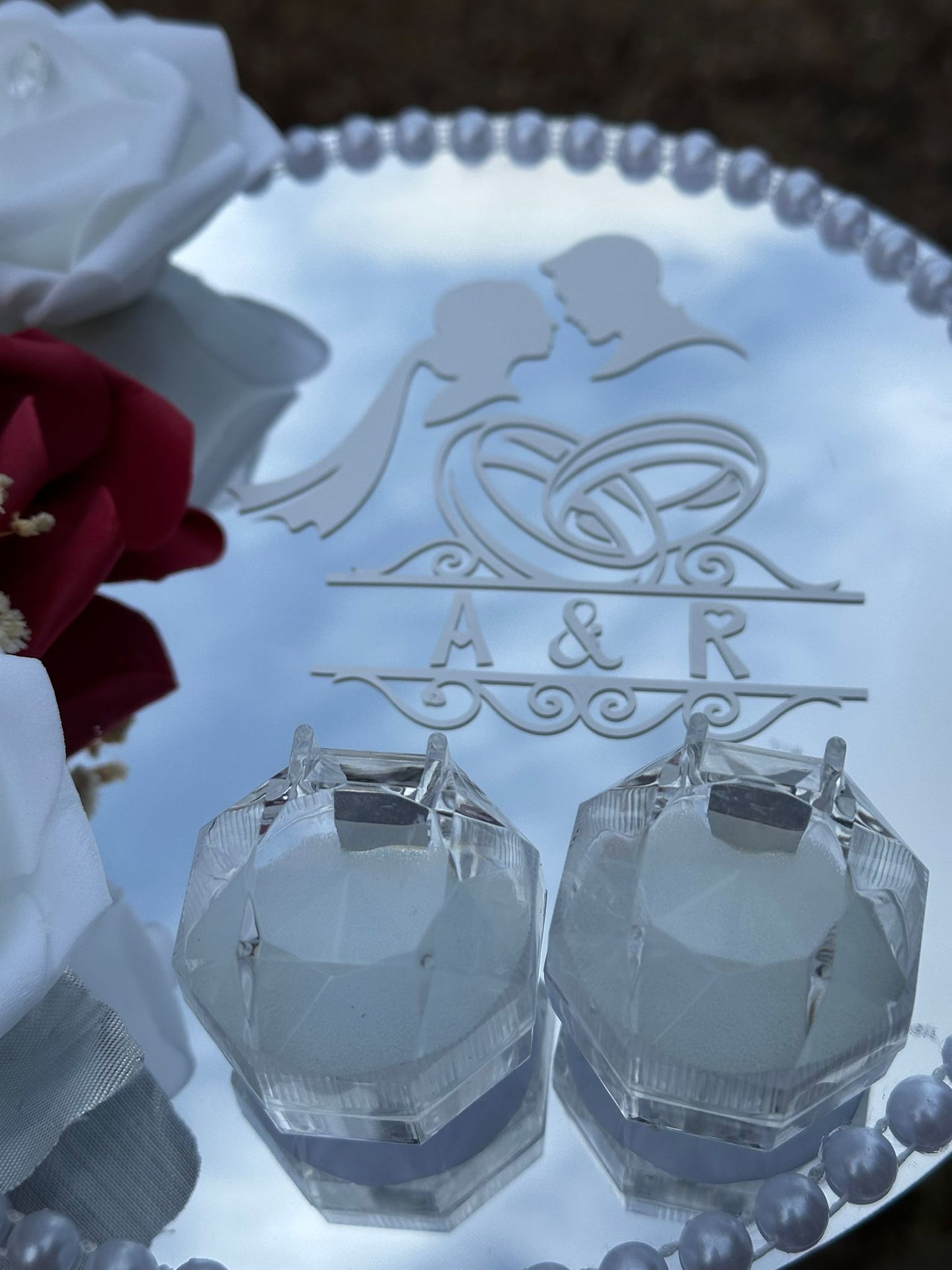 Personalised Mirror Ring Tray for Weddings & Engagements – Custom Vinyl Lettering - Floral Design- Custom Nikkah Tray with 2 ring Holders - ResinsGiftShopUK