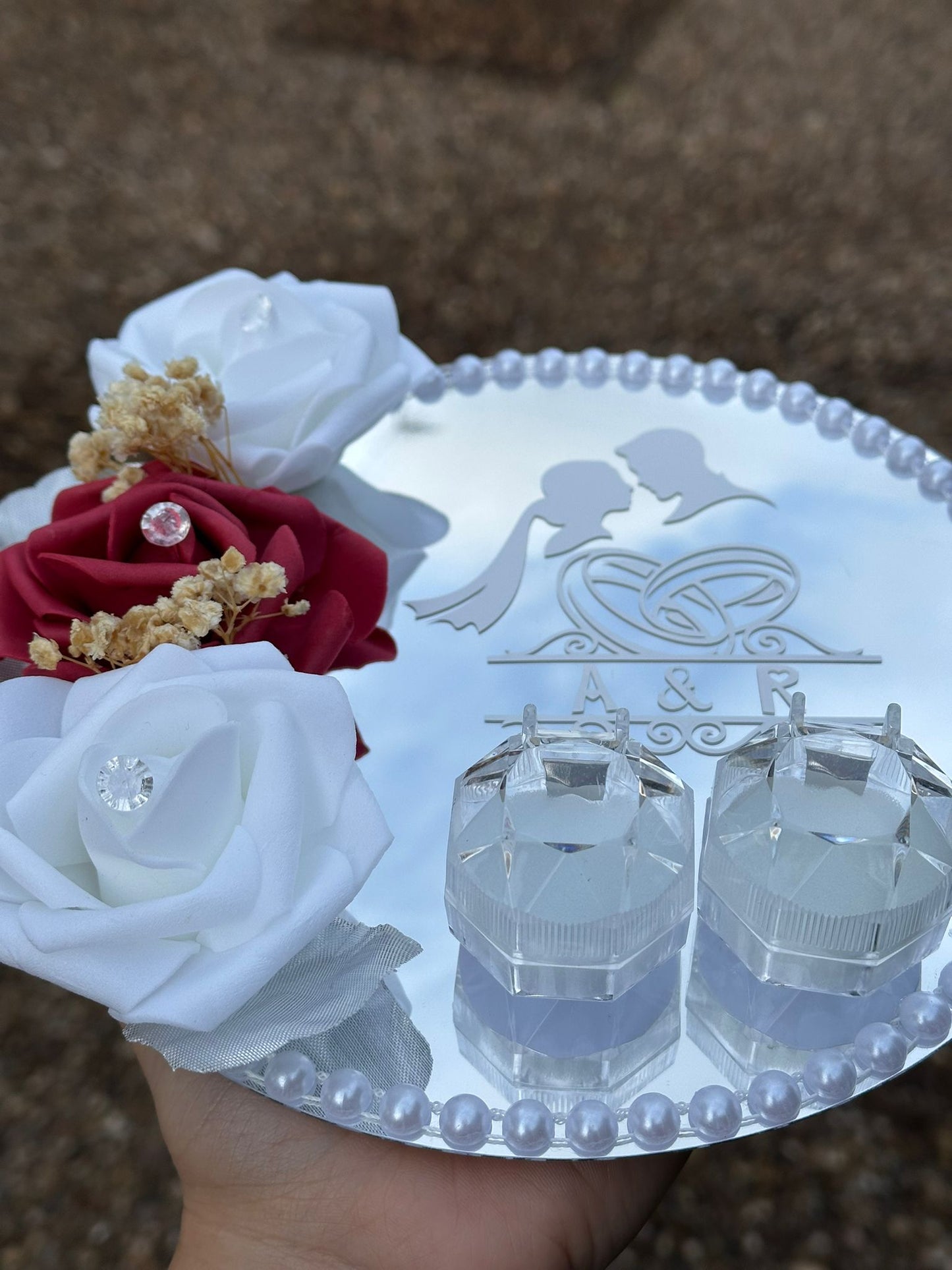Personalised Mirror Ring Tray for Weddings & Engagements – Custom Vinyl Lettering - Floral Design- Custom Nikkah Tray with 2 ring Holders - ResinsGiftShopUK