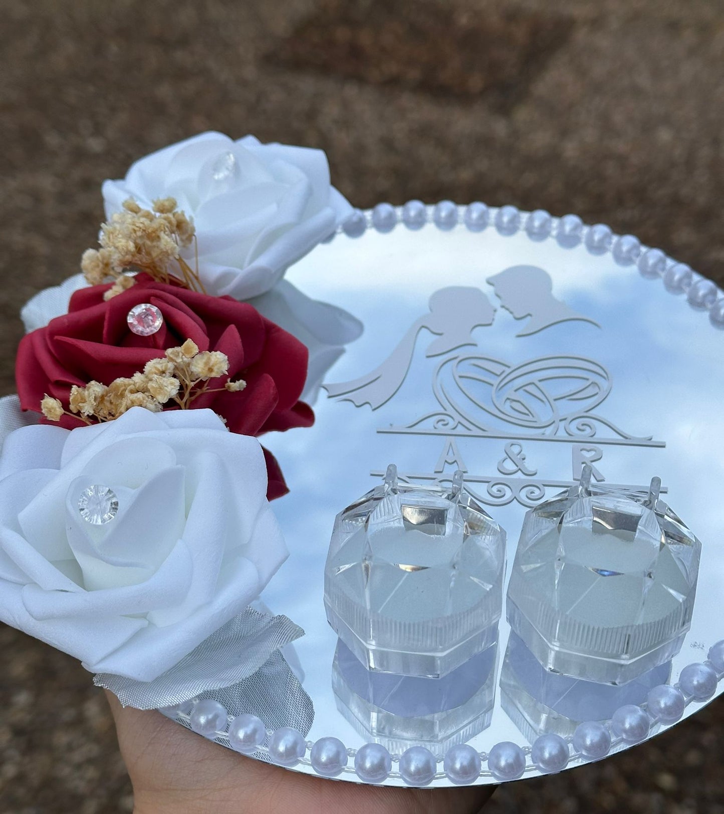 Personalised Mirror Ring Tray for Weddings & Engagements – Custom Vinyl Lettering - Floral Design- Custom Nikkah Tray with 2 ring Holders - ResinsGiftShopUK