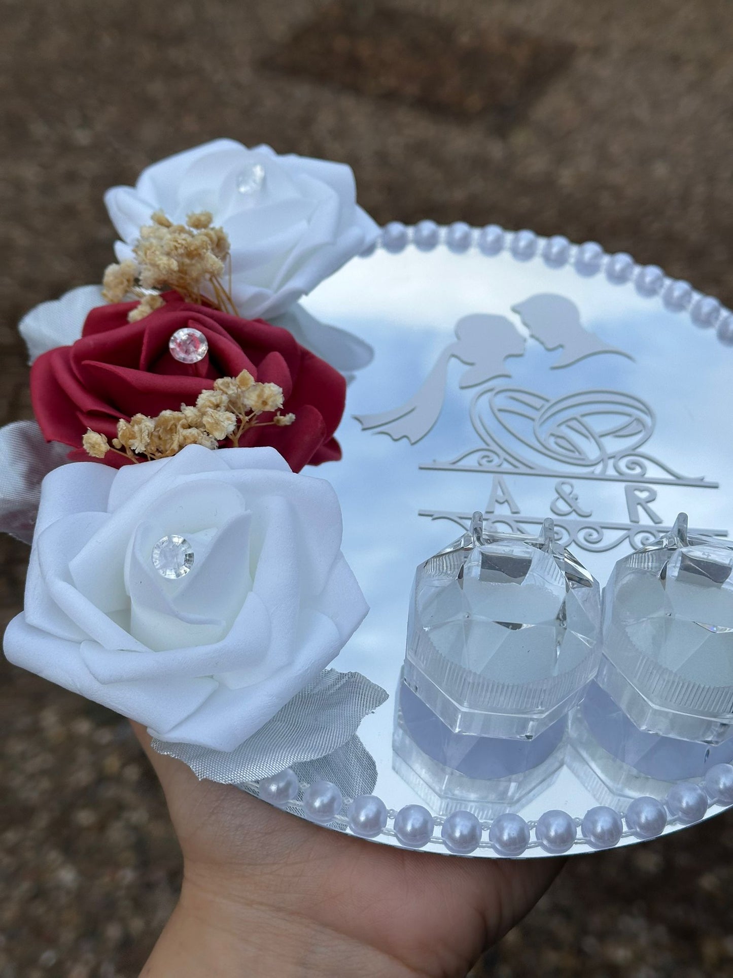 Personalised Mirror Ring Tray for Weddings & Engagements – Custom Vinyl Lettering - Floral Design- Custom Nikkah Tray with 2 ring Holders - ResinsGiftShopUK