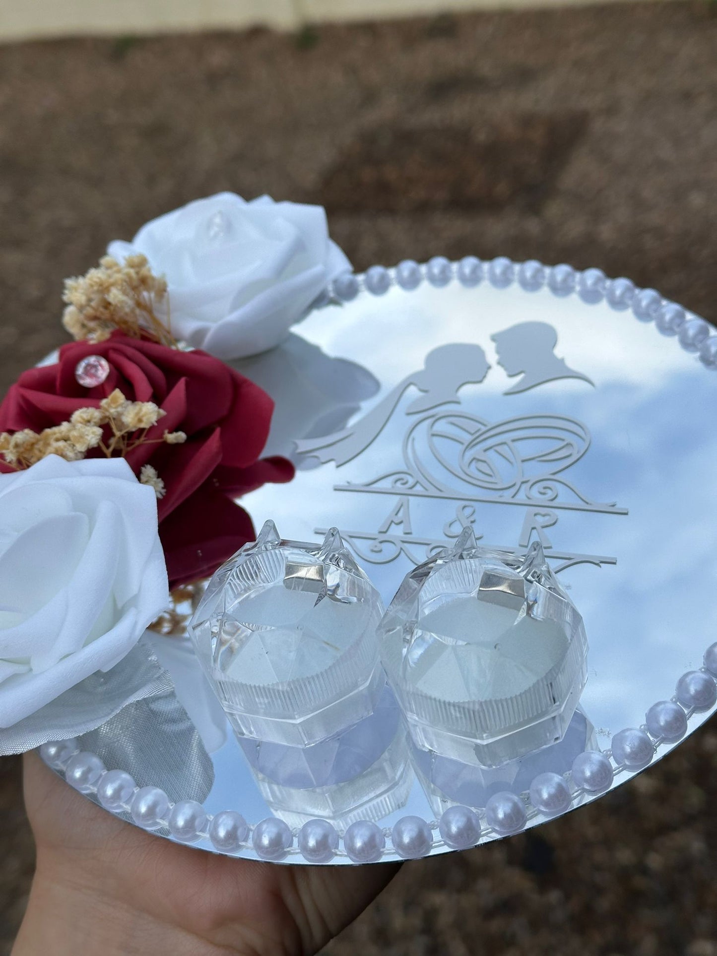 Personalised Mirror Ring Tray for Weddings & Engagements – Custom Vinyl Lettering - Floral Design- Custom Nikkah Tray with 2 ring Holders - ResinsGiftShopUK