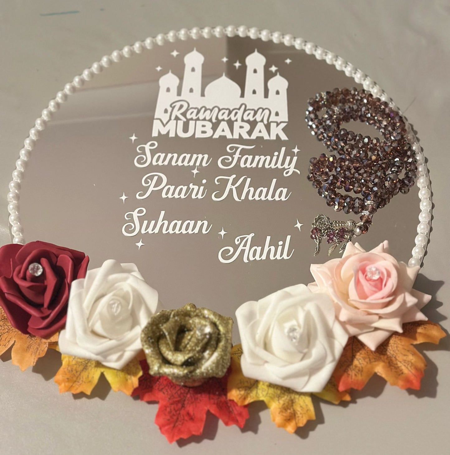 Ramadan Mubarak Mirror Tray - Custom Mirror Tray with White Vinyl Personalisation - Ramadan & Eid Gift UK - Floral, Stones, Pearls Design - ResinsGiftShopUK