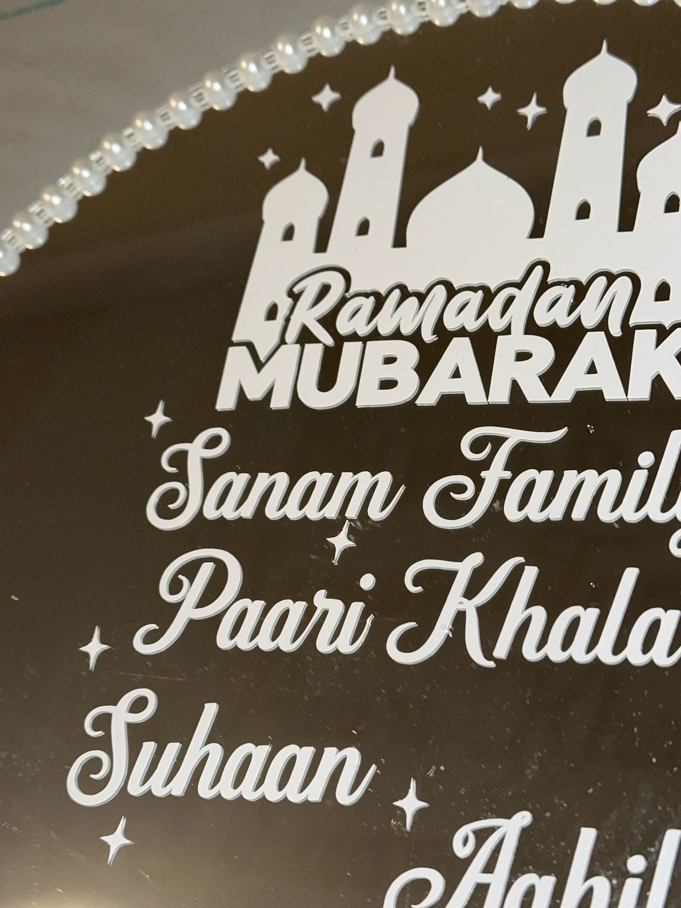 Ramadan Mubarak Mirror Tray - Custom Mirror Tray with White Vinyl Personalisation - Ramadan & Eid Gift UK - Floral, Stones, Pearls Design - ResinsGiftShopUK