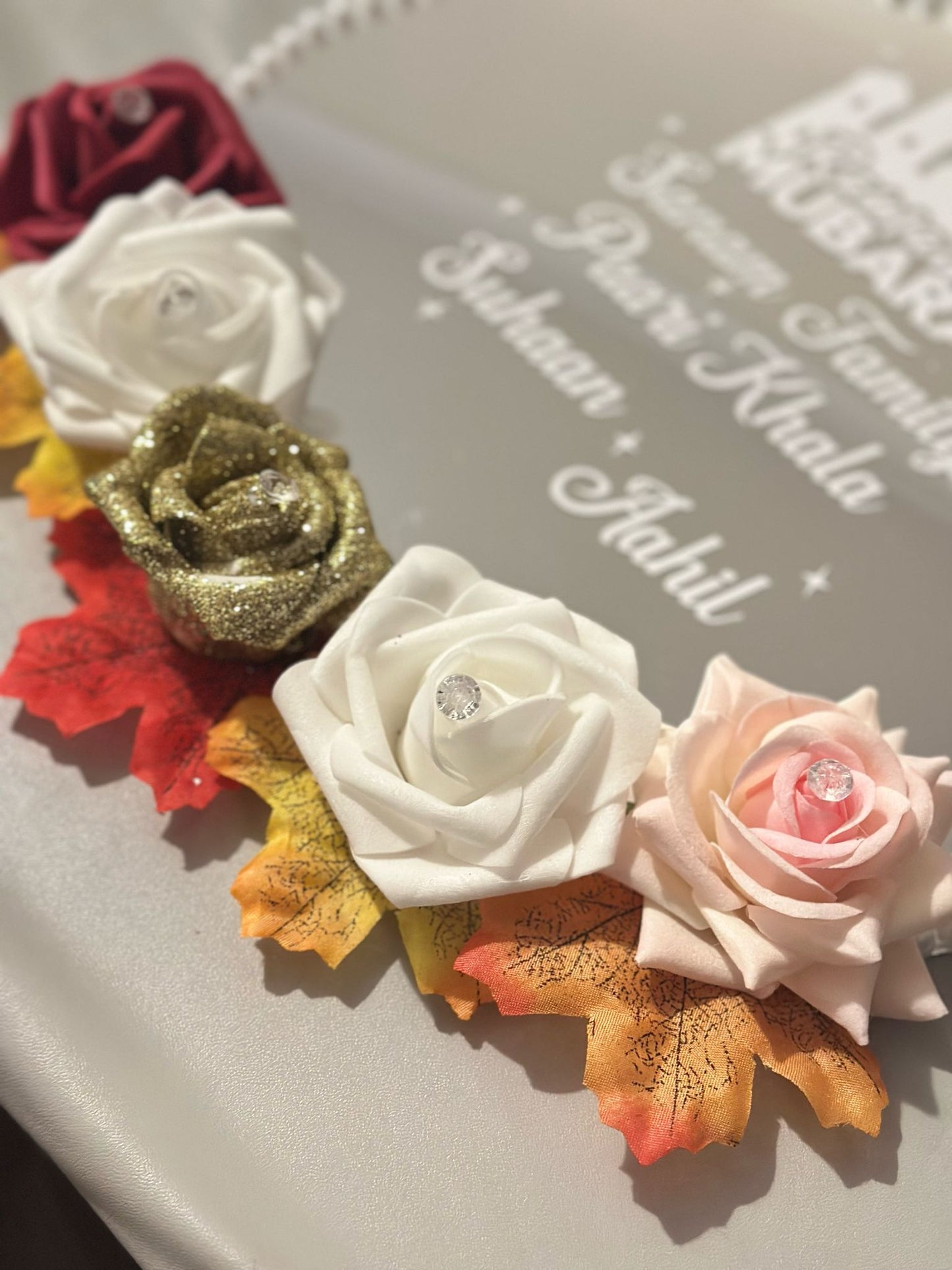 Ramadan Mubarak Mirror Tray - Custom Mirror Tray with White Vinyl Personalisation - Ramadan & Eid Gift UK - Floral, Stones, Pearls Design - ResinsGiftShopUK