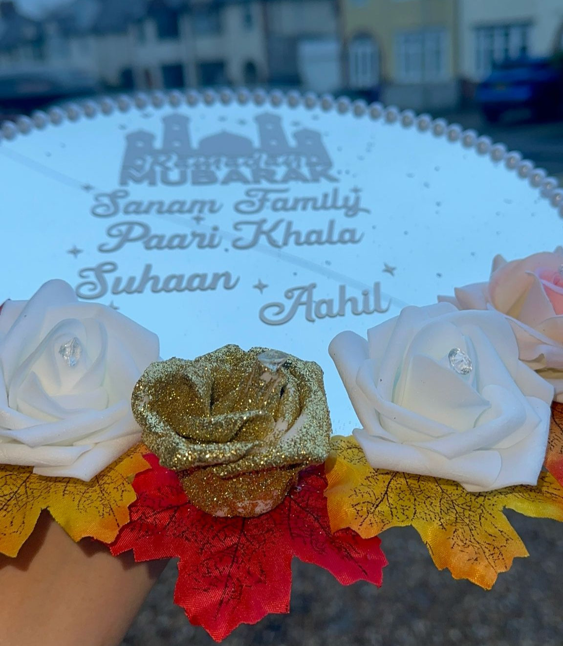 Ramadan Mubarak Mirror Tray - Custom Mirror Tray with White Vinyl Personalisation - Ramadan & Eid Gift UK - Floral, Stones, Pearls Design - ResinsGiftShopUK