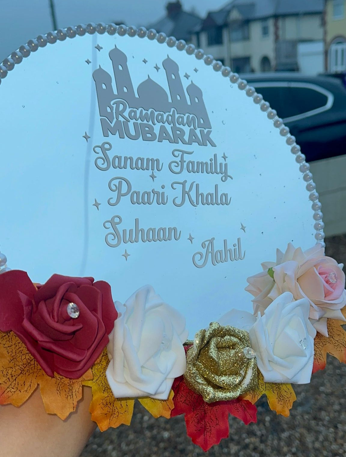 Ramadan Mubarak Mirror Tray - Custom Mirror Tray with White Vinyl Personalisation - Ramadan & Eid Gift UK - Floral, Stones, Pearls Design - ResinsGiftShopUK
