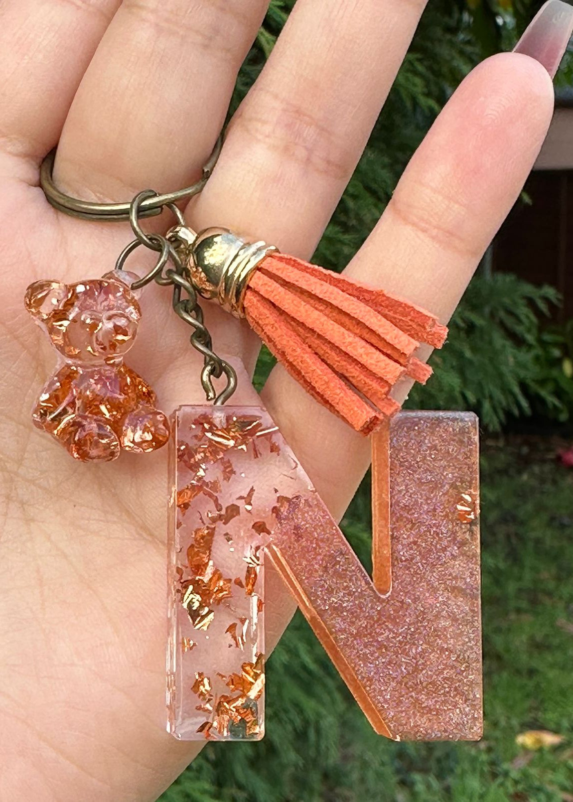Custom Resin Alphabet Keyring with Mini Bear, Tassel, Flakes – Personalised Gift for Bags & Keys- Aesthetic Bag Charm- Letter keychain - ResinsGiftShopUK
