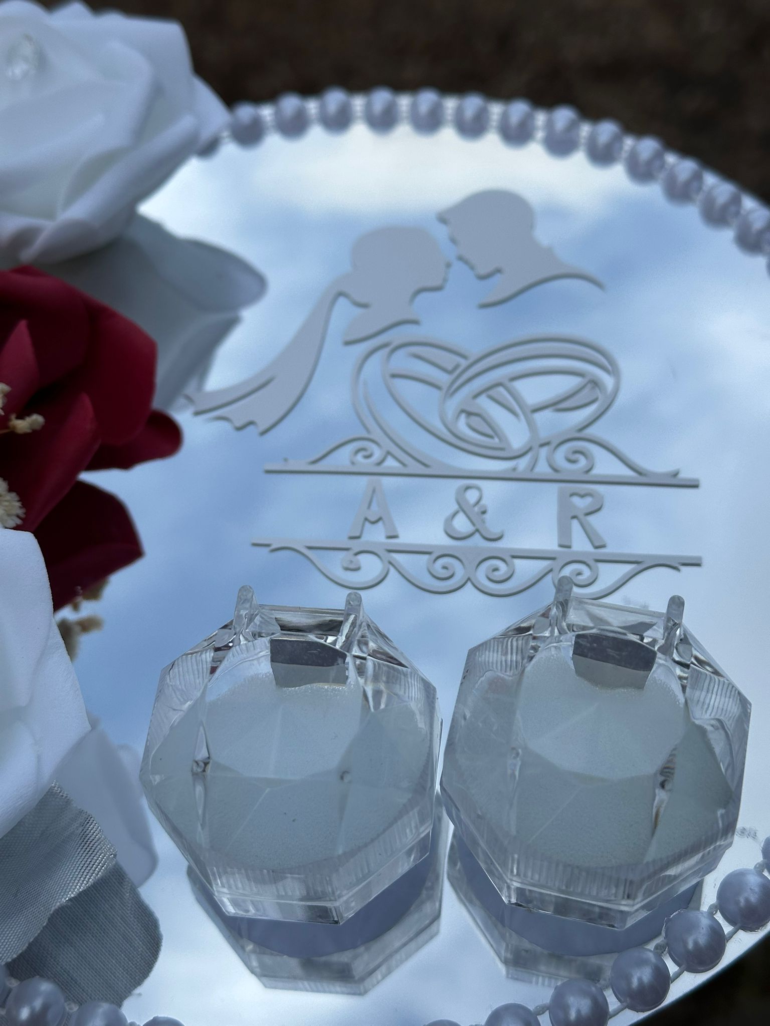 Personalised Mirror Ring Tray for Weddings & Engagements – Custom Vinyl Lettering - Floral Design- Custom Nikkah Tray with 2 ring Holders - ResinsGiftShopUK