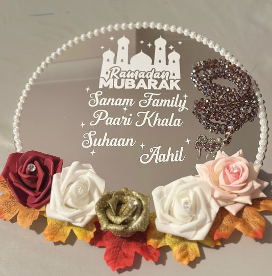 Ramadan Mubarak Mirror Tray - Custom Mirror Tray with White Vinyl Personalisation - Ramadan & Eid Gift UK - Floral, Stones, Pearls Design - ResinsGiftShopUK