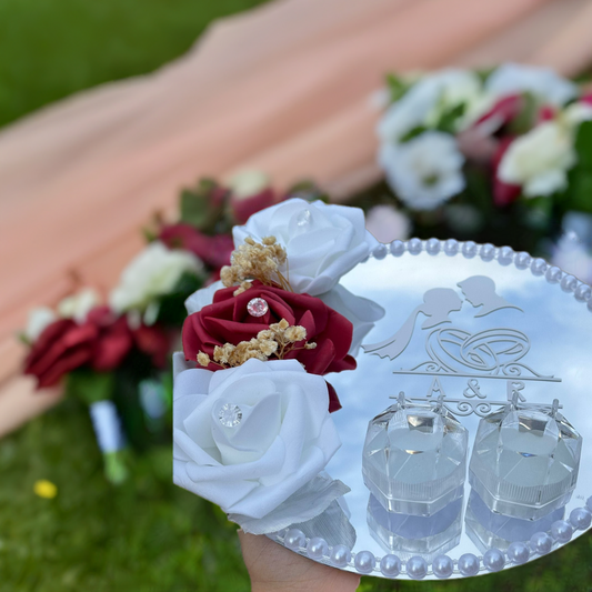 Personalised Mirror Ring Tray for Weddings & Engagements – Custom Vinyl Lettering - Floral Design- Custom Nikkah Tray with 2 ring Holders - ResinsGiftShopUK