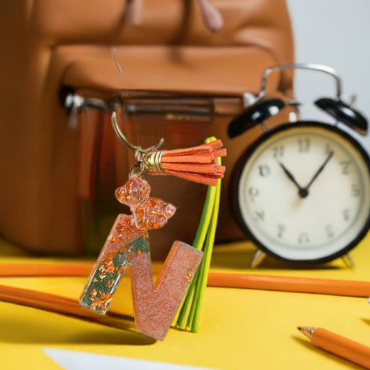 Custom Resin Alphabet Keyring with Mini Bear, Tassel, Flakes – Personalised Gift for Bags & Keys- Aesthetic Bag Charm- Letter keychain - ResinsGiftShopUK